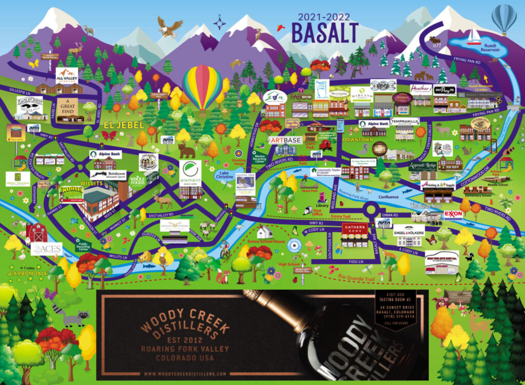 2021-22 Cartoon map of Basalt, Colorado, showing businesses and other places of interest